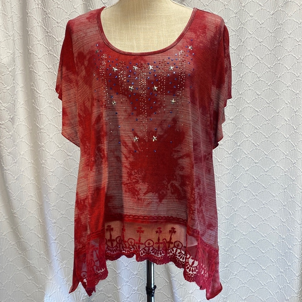 Live‎ and Let Live size 1X  Red Star Embellished festive July 4th patriotic lace